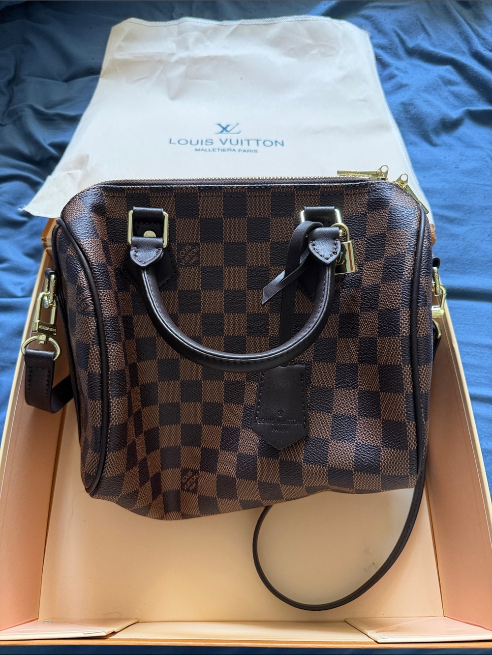 Louis Vuitton Brown Damier Ebene Check Satchel with Gold Hardware